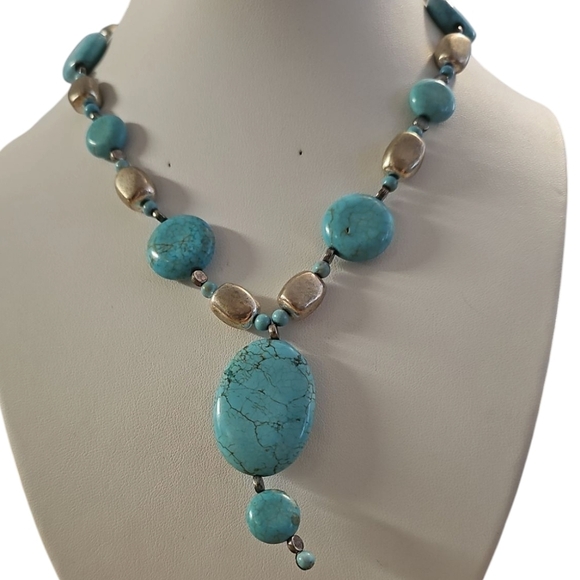 True Turquoise Nuggets and Silver Asymmetrical Handmade Necklace - Picture 6 of 6